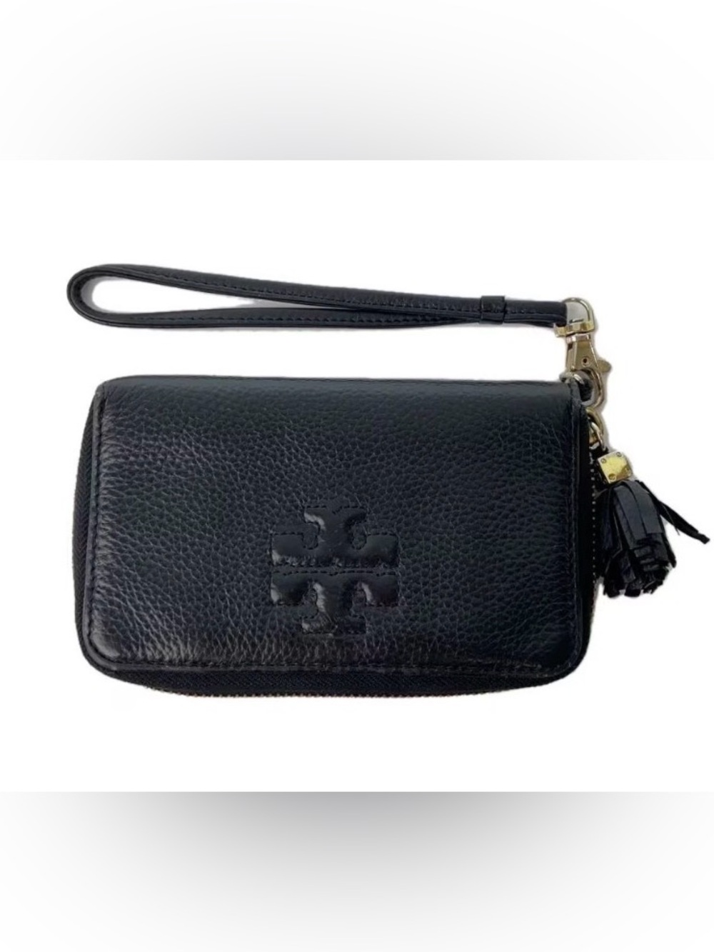 Tory Burch Pebbled Leather Wristlet Wallet w/ Logo, Black w/Gold Hardware